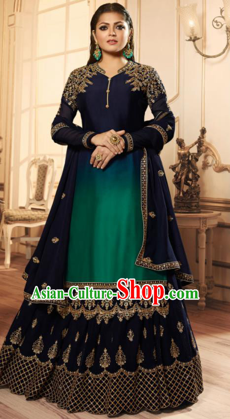 Asian India Traditional Lehenga Choli Costumes Indian Bollywood Embroidered Navy Skirt and Blouse for Women