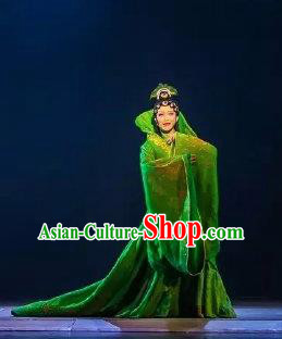 Chinese Zhaojun Chu Sai Ancient Imperial Consort Classical Dance Green Dress Stage Performance Costume and Headpiece for Women