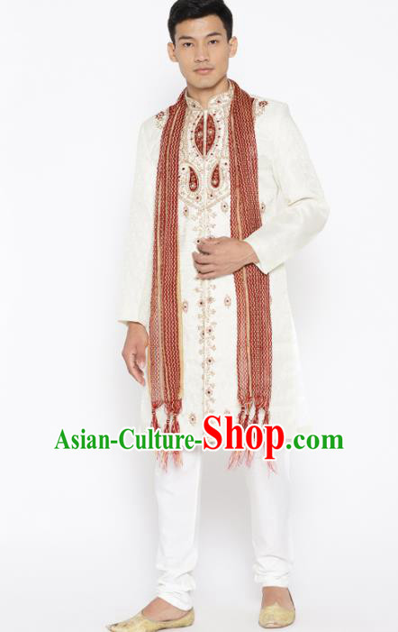 Asian Indian Wedding Embroidered Beige Clothing India Traditional Bridegroom Costumes Complete Set for Men