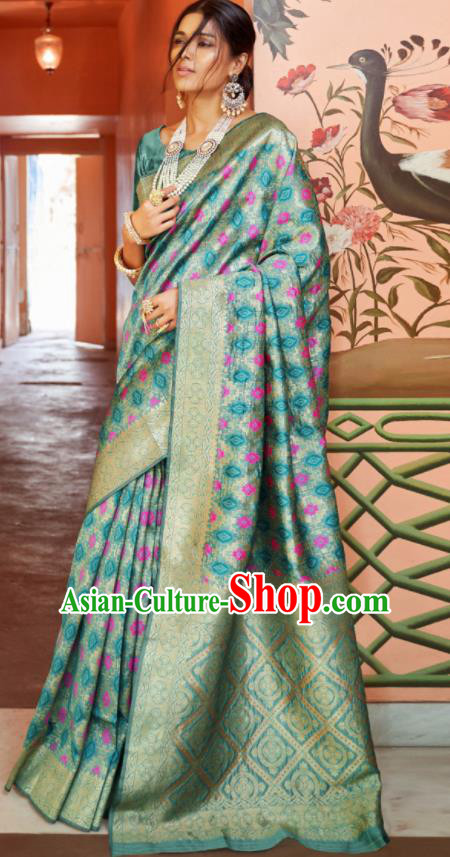 Asian Indian Bollywood Printing Green Silk Dress India Traditional Sari Costumes for Women