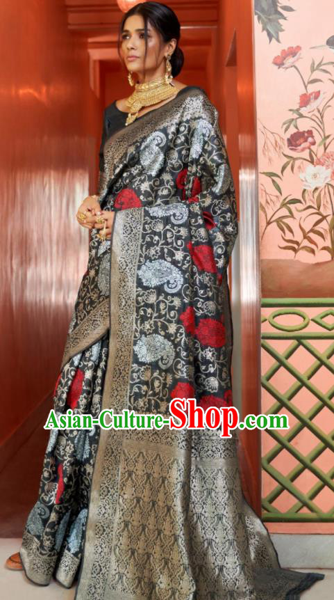 Asian Indian Bollywood Printing Black Silk Dress India Traditional Sari Costumes for Women