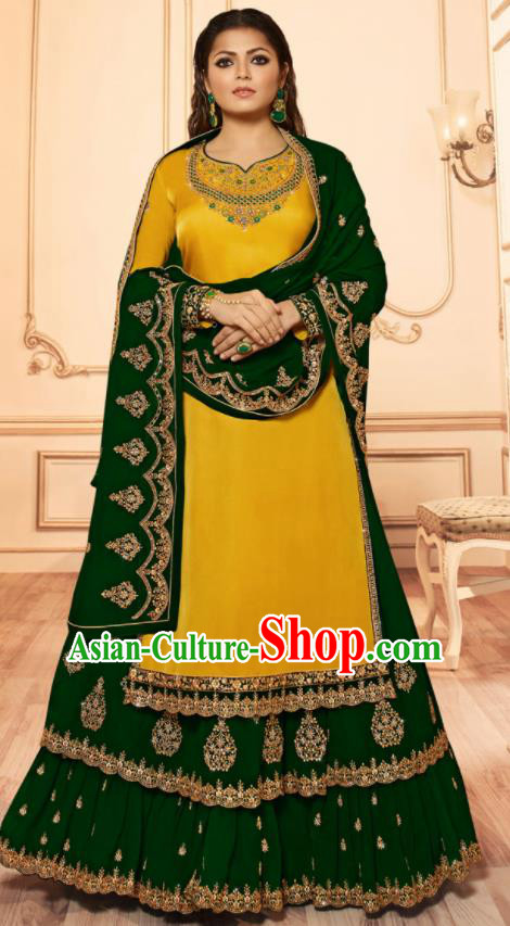 Asian India Traditional Lehenga Choli Costumes Indian Bollywood Embroidered Deep Green Skirt and Yellow Blouse for Women