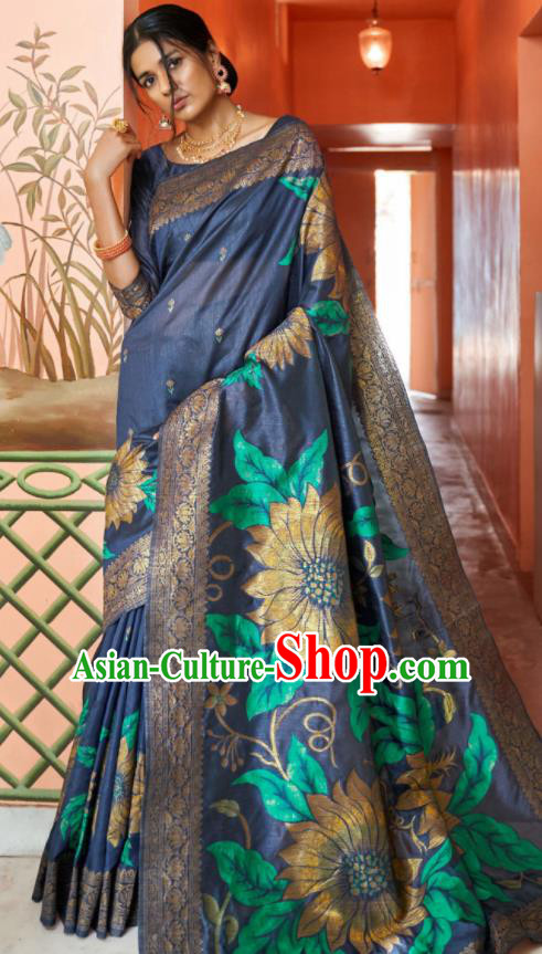 Asian Indian Bollywood Printing Sunflowers Navy Silk Dress India Traditional Sari Costumes for Women