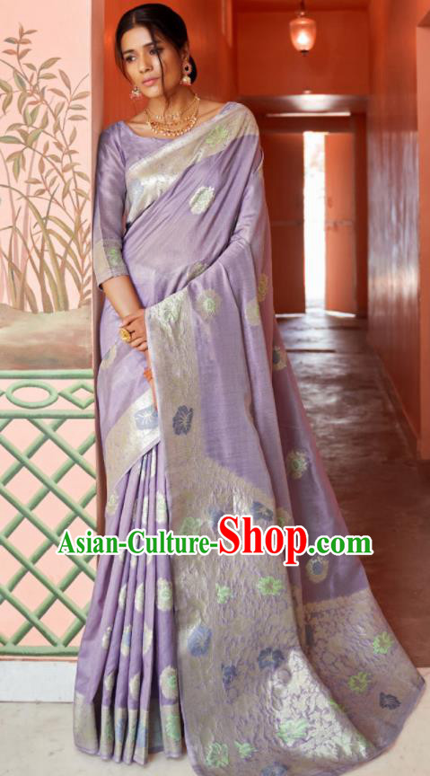 Asian Indian Bollywood Printing Lilac Silk Dress India Traditional Sari Costumes for Women