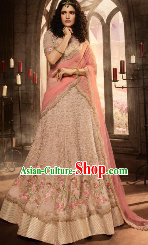 Asian Indian Bollywood Lehenga Light Khaki Embroidered Dress India Traditional Costumes for Women