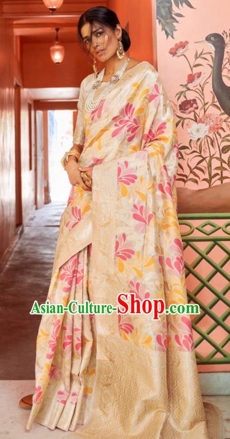 Asian Indian Bollywood Printing Golden Silk Dress India Traditional Sari Costumes for Women