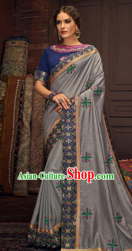 Asian Indian Court Grey Silk Embroidered Sari Dress India Traditional Bollywood Costumes for Women