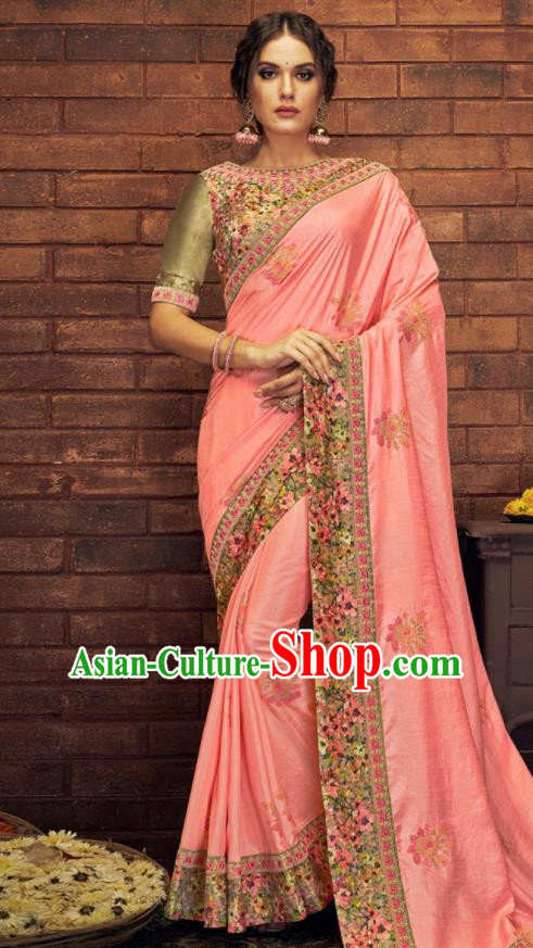 Asian Indian Court Light Pink Silk Embroidered Sari Dress India Traditional Bollywood Costumes for Women