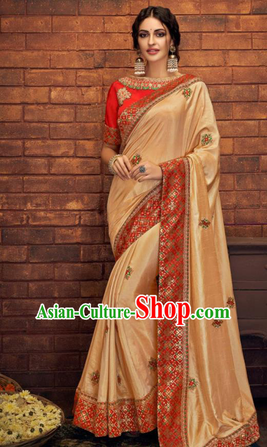 Asian Indian Court Light Golden Silk Embroidered Sari Dress India Traditional Bollywood Costumes for Women