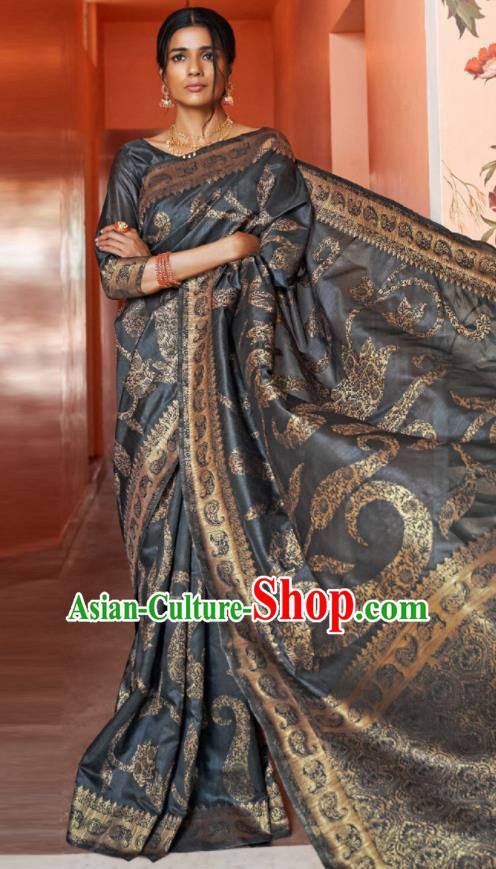 Asian Indian Bollywood Printing Black Silk Dress India Traditional Sari Costumes for Women