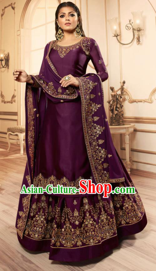 Asian India Traditional Lehenga Choli Costumes Indian Bollywood Embroidered Purple Skirt and Blouse for Women