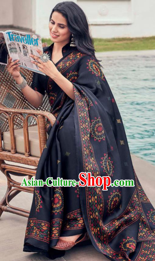 Asian Indian Court Black Tussar Silk Sari Dress India Traditional Bollywood Costumes for Women