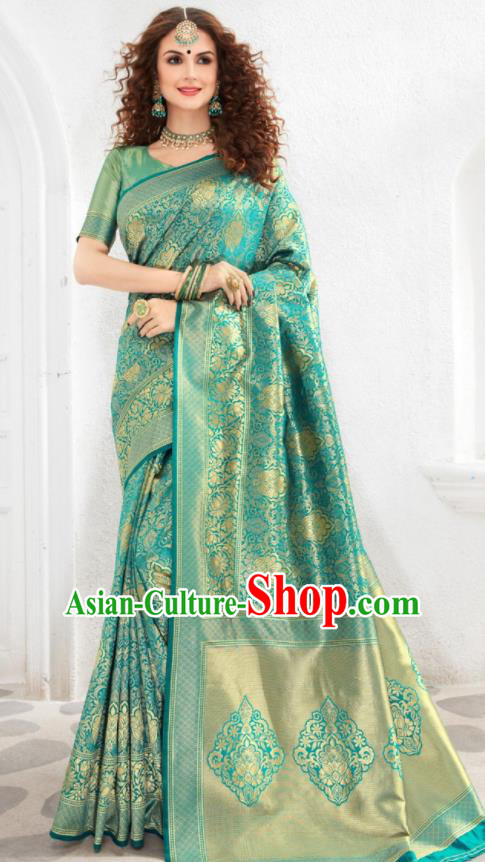 Asian Indian Court Green Silk Sari Dress India Traditional Bollywood Costumes for Women