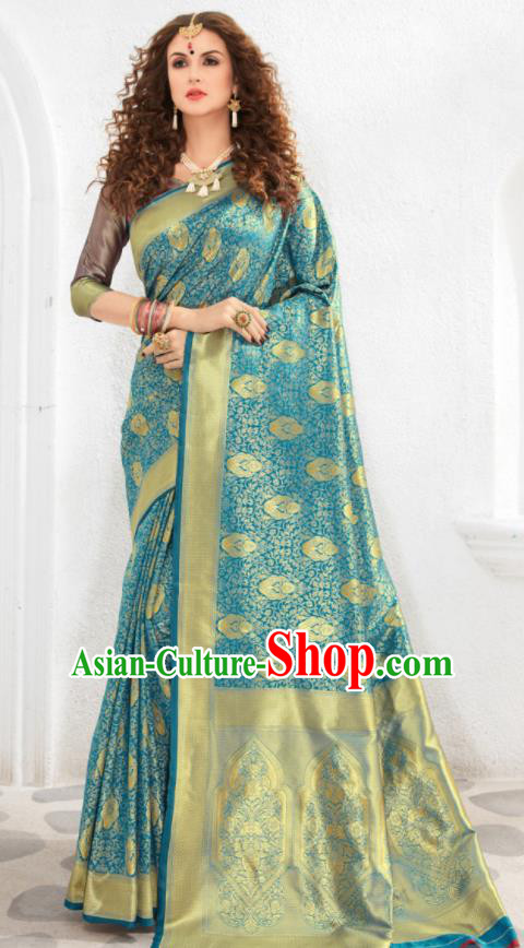 Asian Indian Court Lake Blue Silk Sari Dress India Traditional Bollywood Costumes for Women