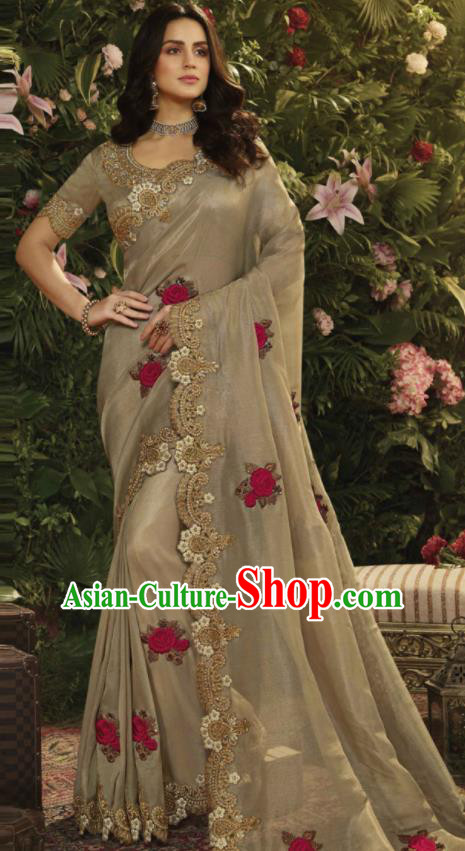 Asian Indian Court Princess Khaki Embroidered Satin Sari Dress India Traditional Bollywood Costumes for Women