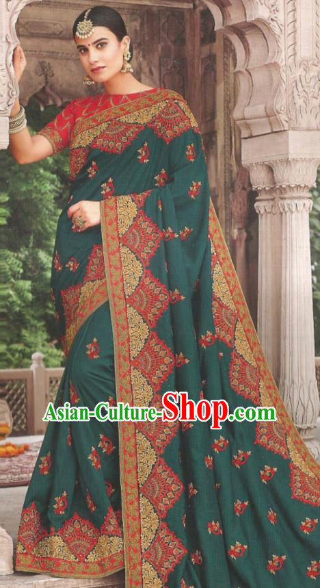 Asian Indian Court Atrovirens Art Silk Embroidered Sari Dress India Traditional Bollywood Princess Costumes for Women