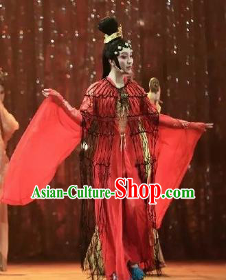 Chinese Zhaojun Chu Sai Ancient Court Classical Dance Red Dress Stage Performance Costume and Headpiece for Women