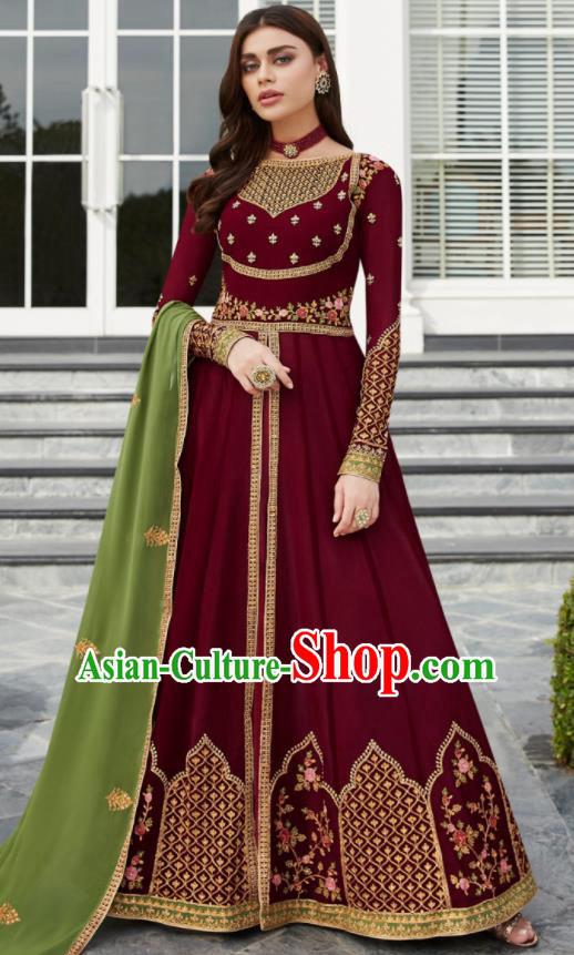 Asian Indian Bollywood Embroidered Wine Red Georgette Dress India Traditional Anarkali Suit Costumes for Women