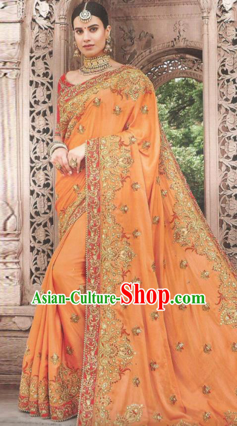 Asian Indian Court Orange Art Silk Embroidered Sari Dress India Traditional Bollywood Princess Costumes for Women