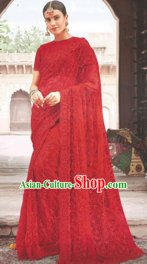 Asian Indian Court Red Art Silk Embroidered Sari Dress India Traditional Bollywood Princess Costumes for Women