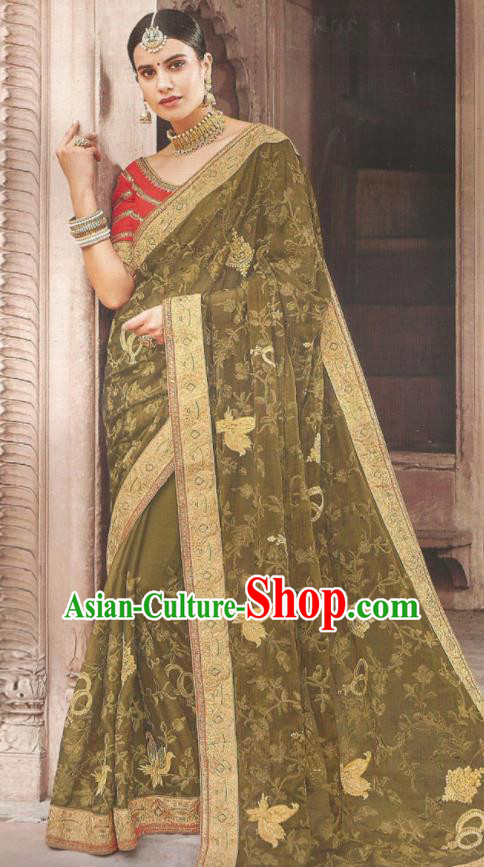 Asian Indian Court Olive Green Art Silk Embroidered Sari Dress India Traditional Bollywood Princess Costumes for Women