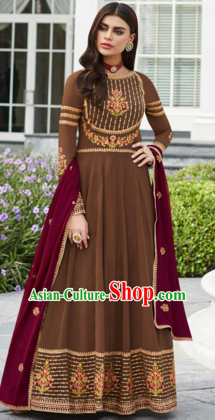 Asian Indian Bollywood Embroidered Brown Georgette Dress India Traditional Anarkali Suit Costumes for Women