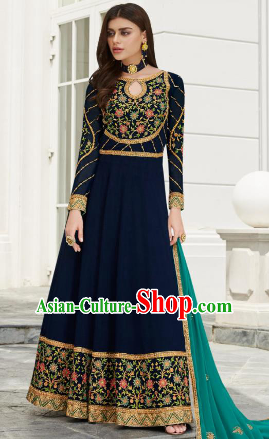 Asian Indian Bollywood Embroidered Navy Georgette Dress India Traditional Anarkali Suit Costumes for Women