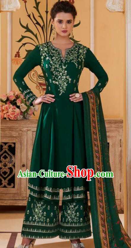 Asian Indian Embroidered Deep Green Muslin Blouse and Pants India Traditional Lehenga Choli Costumes Complete Set for Women