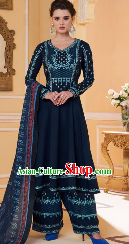 Asian Indian Embroidered Navy Muslin Blouse and Pants India Traditional Lehenga Choli Costumes Complete Set for Women