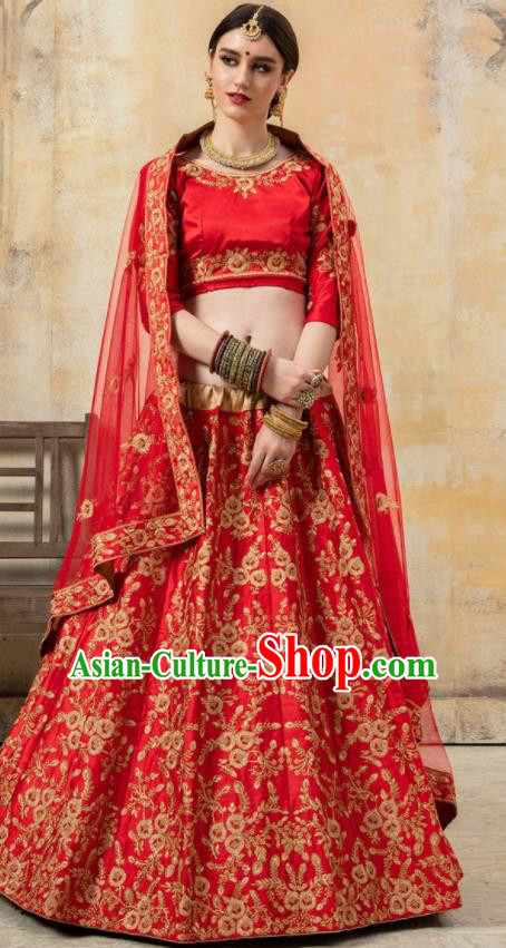 Asian Indian Bollywood Wedding Red Silk Dress India Traditional Bride Lehenga Costumes for Women