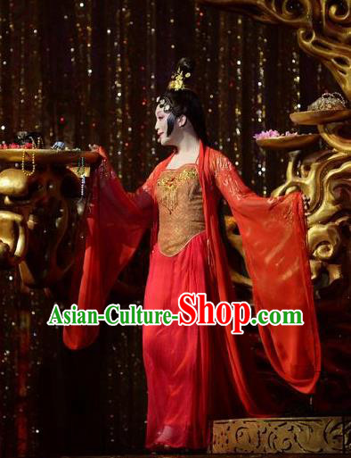 Chinese Zhaojun Chu Sai Ancient Court Princess Classical Dance Red Dress Stage Performance Costume and Headpiece for Women