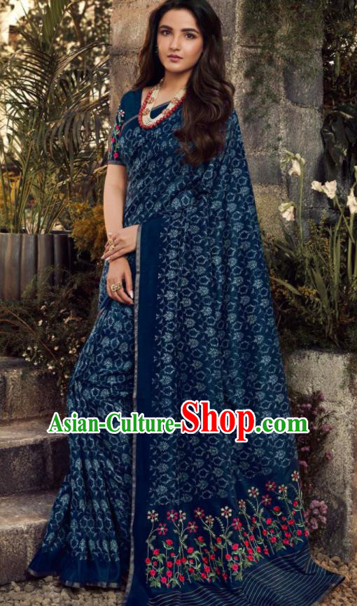 Asian India Traditional Sari Costumes Indian Bollywood Embroidered Navy Silk Dress for Women