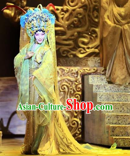 Chinese Zhaojun Chu Sai Ancient Han Dynasty Imperial Consort Classical Dance Yellow Dress Stage Performance Costume and Headpiece for Women