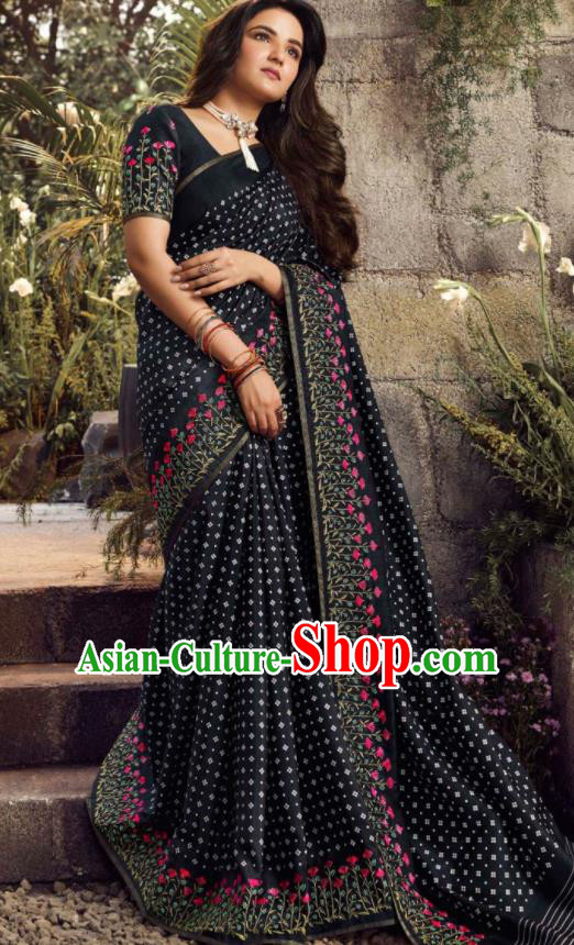 Asian India Traditional Sari Costumes Indian Bollywood Embroidered Black Silk Dress for Women