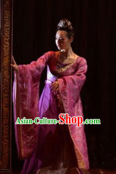 Chinese Zhaojun Chu Sai Ancient Han Dynasty Classical Dance Purple Dress Stage Performance Costume and Headpiece for Women