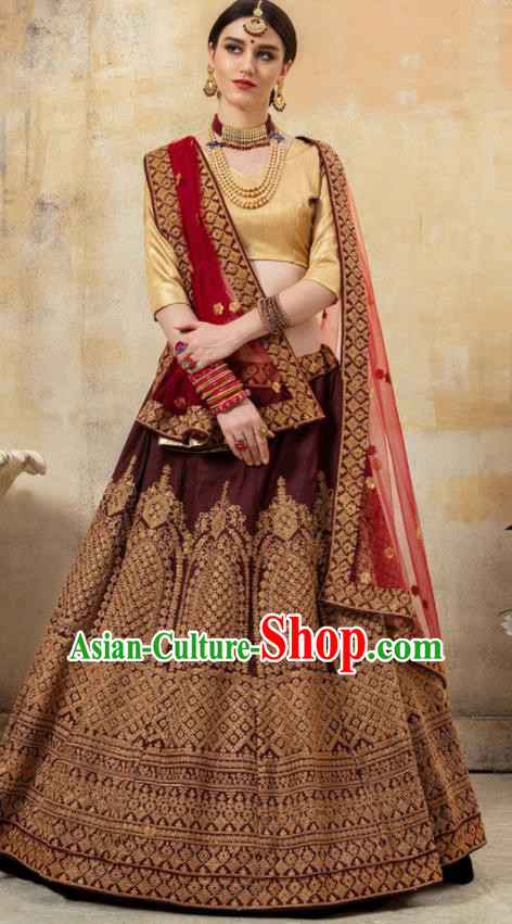 Asian Indian Bollywood Wedding Wine Red Silk Dress India Traditional Bride Lehenga Costumes for Women