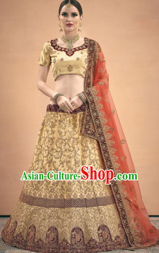 Asian Indian Bollywood Wedding Light Golden Silk Dress India Traditional Bride Lehenga Costumes for Women