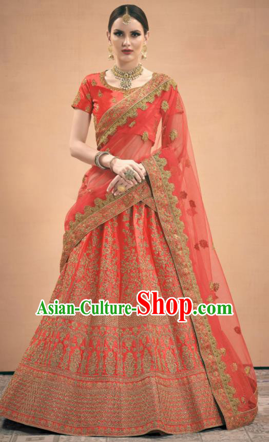 Asian Indian Bollywood Wedding Embroidered Watermelon Red Silk Dress India Traditional Bride Lehenga Costumes for Women