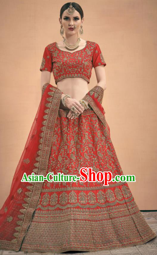 Asian Indian Bollywood Wedding Embroidered Red Silk Dress India Traditional Bride Lehenga Costumes for Women