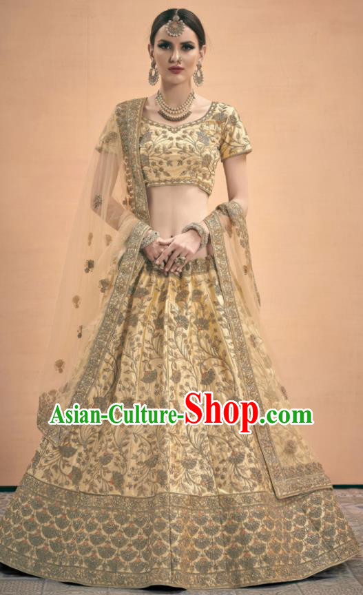 Asian Indian Bollywood Wedding Embroidered Light Yellow Silk Dress India Traditional Bride Lehenga Costumes for Women