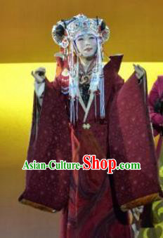 Chinese Zhaojun Chu Sai Ancient Court Queen Dark Red Dress Stage Performance Dance Costume and Headpiece for Women