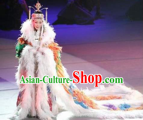 Chinese Zhaojun Chu Sai Ancient Court Queen Feather Dress Stage Performance Dance Costume and Headpiece for Women