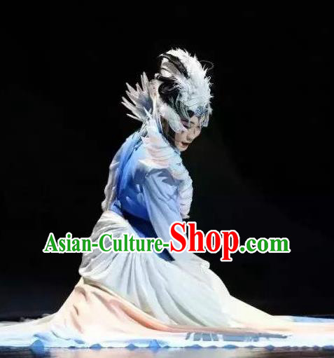 Chinese Zhaojun Chu Sai Ancient Classical Dance Blue Dress Stage Performance Dance Costume and Headpiece for Women