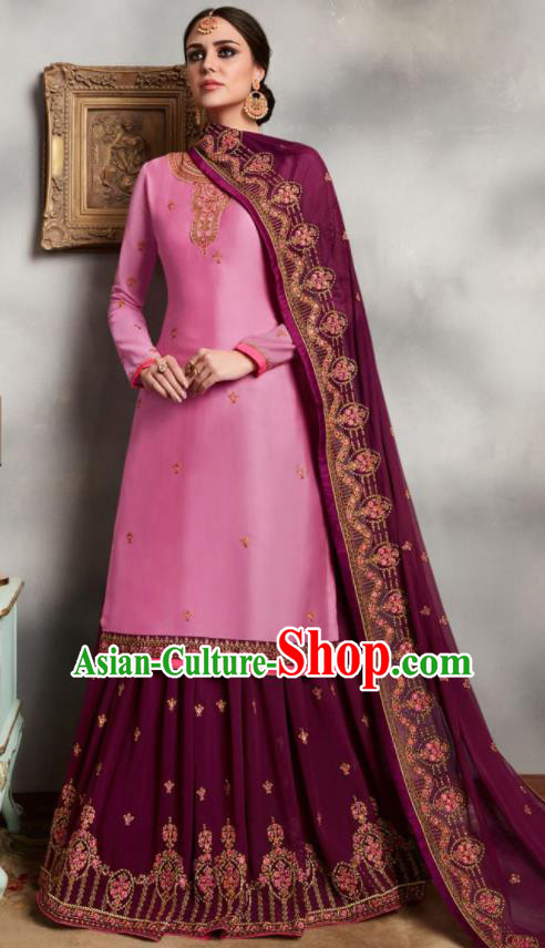Asian Indian Punjabis Embroidered Pink Blouse and Purple Skirt India Traditional Lehenga Choli Costumes Complete Set for Women