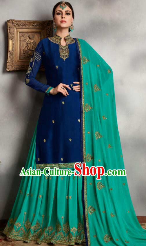 Asian Indian Punjabis Embroidered Royalblue Blouse and Green Skirt India Traditional Lehenga Choli Costumes Complete Set for Women