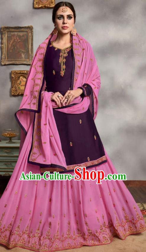 Asian Indian Punjabis Embroidered Purple Blouse and Pink Skirt India Traditional Lehenga Choli Costumes Complete Set for Women