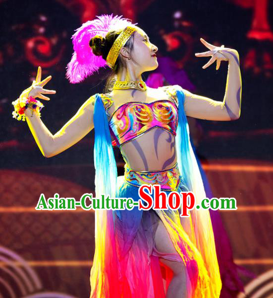 Chinese Phenix Dance In The Sky Classical Dance Colorful Dress Stage Performance Costume and Headpiece for Women