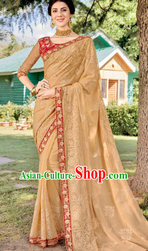 Asian Indian Embroidered Apricot Georgette Sari Dress India Traditional Bollywood Court Costumes for Women