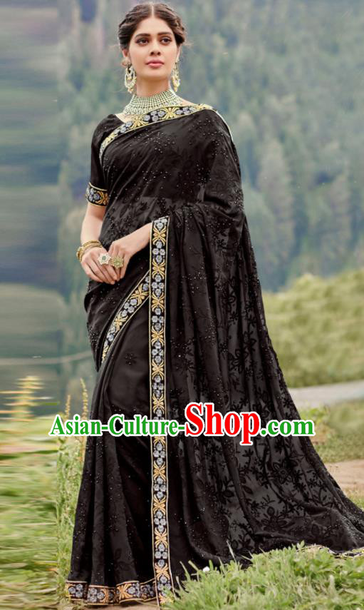 Asian Indian Embroidered Black Georgette Sari Dress India Traditional Bollywood Court Costumes for Women