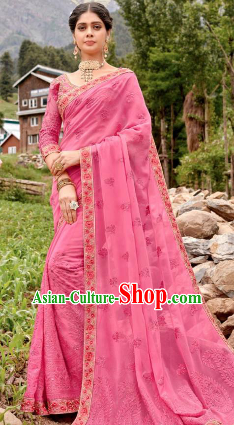 Asian Indian Embroidered Pink Georgette Sari Dress India Traditional Bollywood Court Costumes for Women